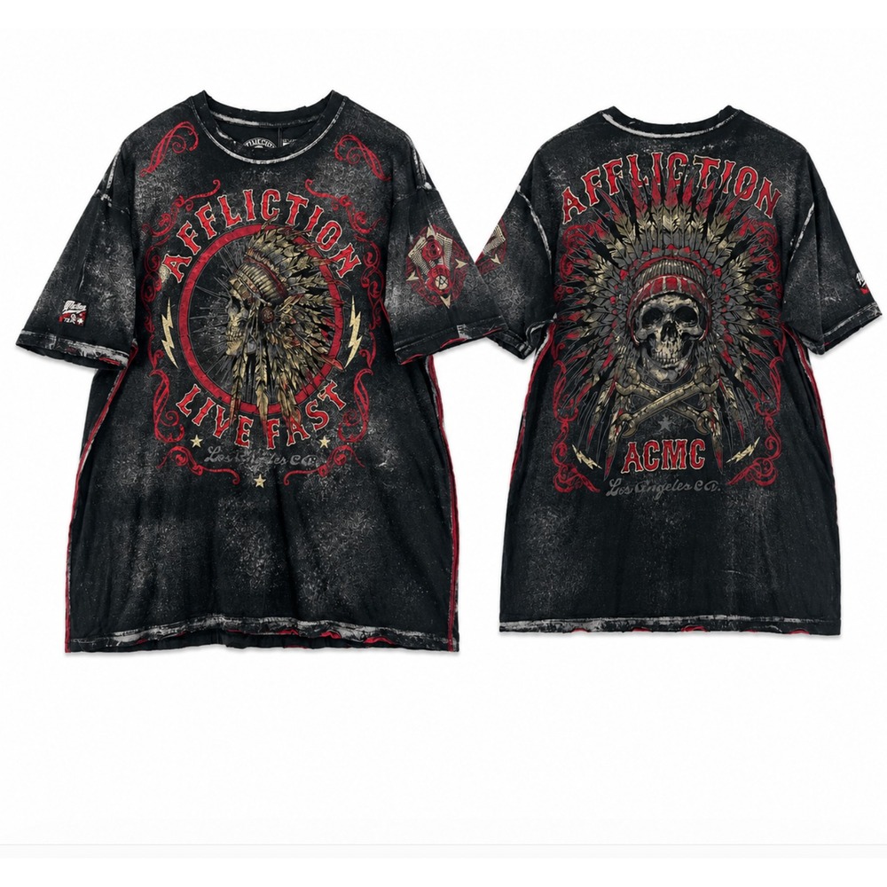 Affliction Shirt Mens 2XL Black American Customs Iroquois Headdress Skull Y2K 08